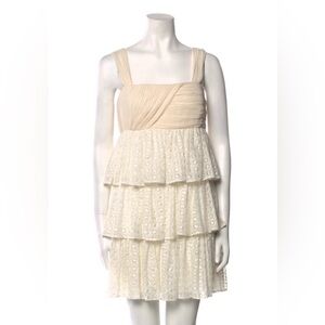 Alice & Olivia Silk Mini Dress Lace Tiered Sleeveless Square Neck Cream Size M